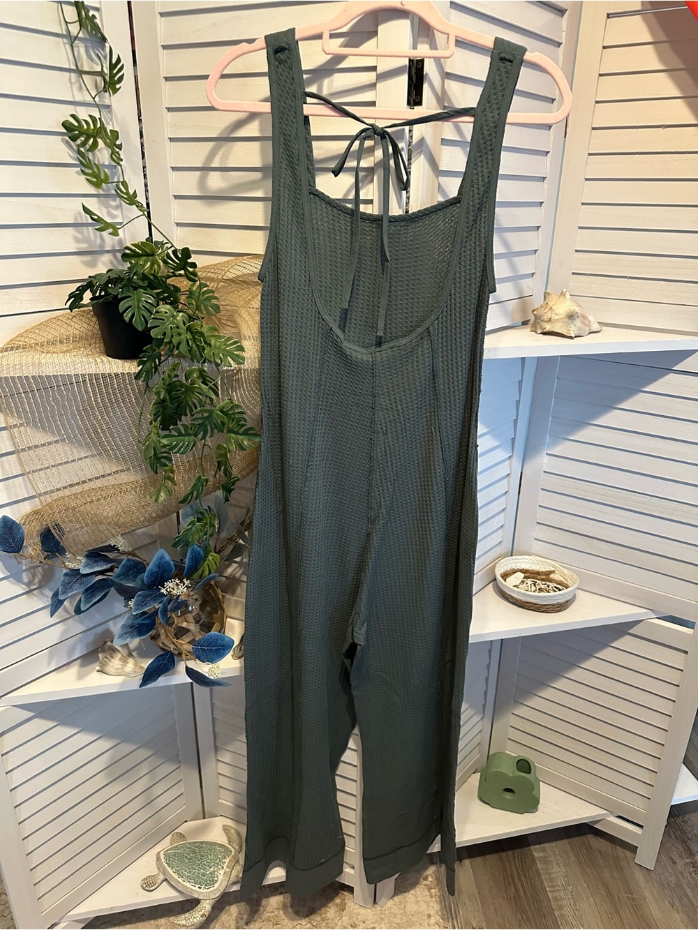 Zenana Outfitters Dark Sage Waffle Cotton Jumpsuit Romper - Picture 3 of 7